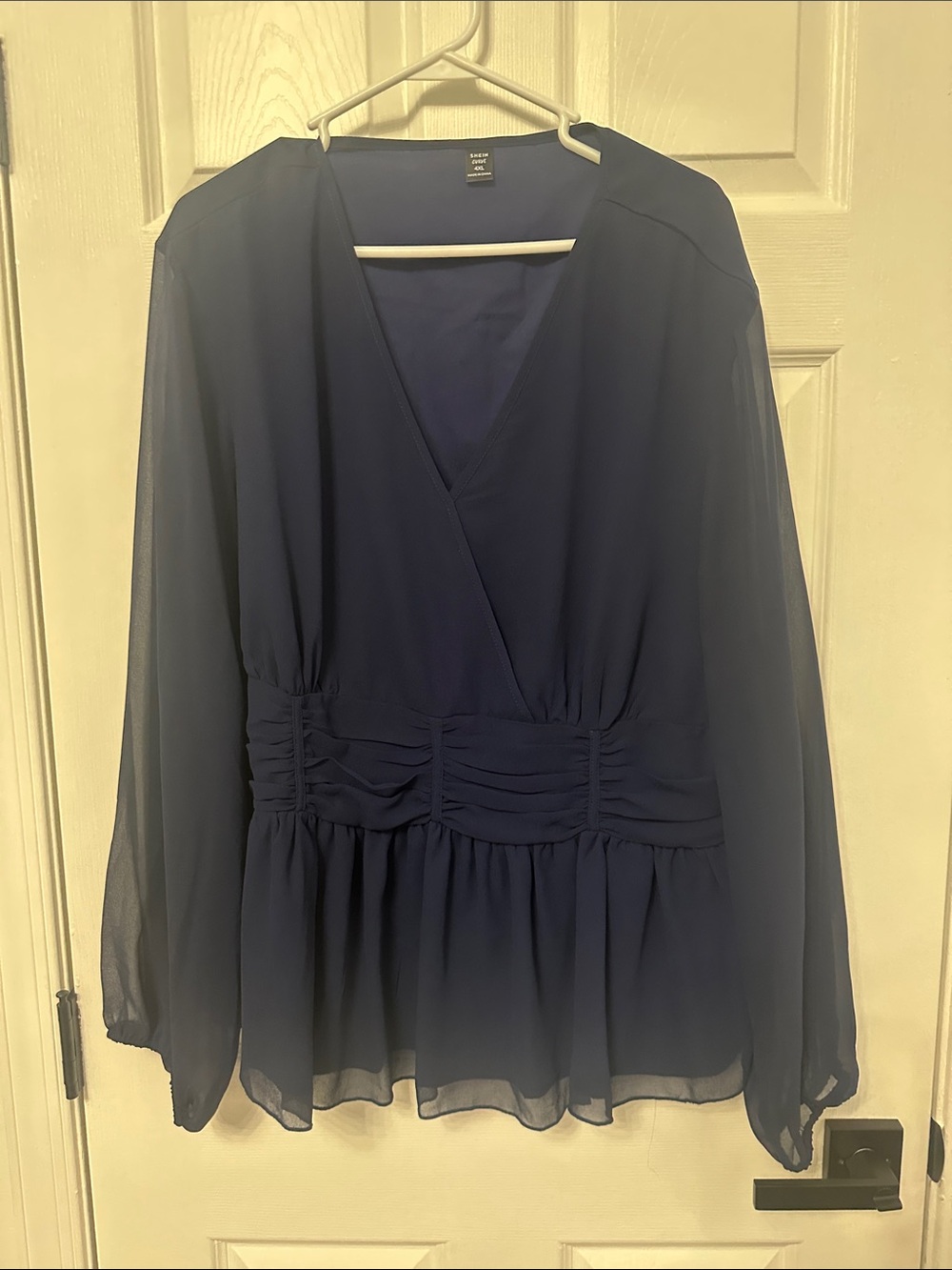 SHEIN Navy V-Neck Ruched Peplum Chiffon Top